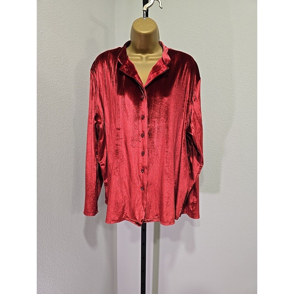 Red Velvet Button Front Stretch Top Womens XL Long Sleeve Cocktail Party Soft